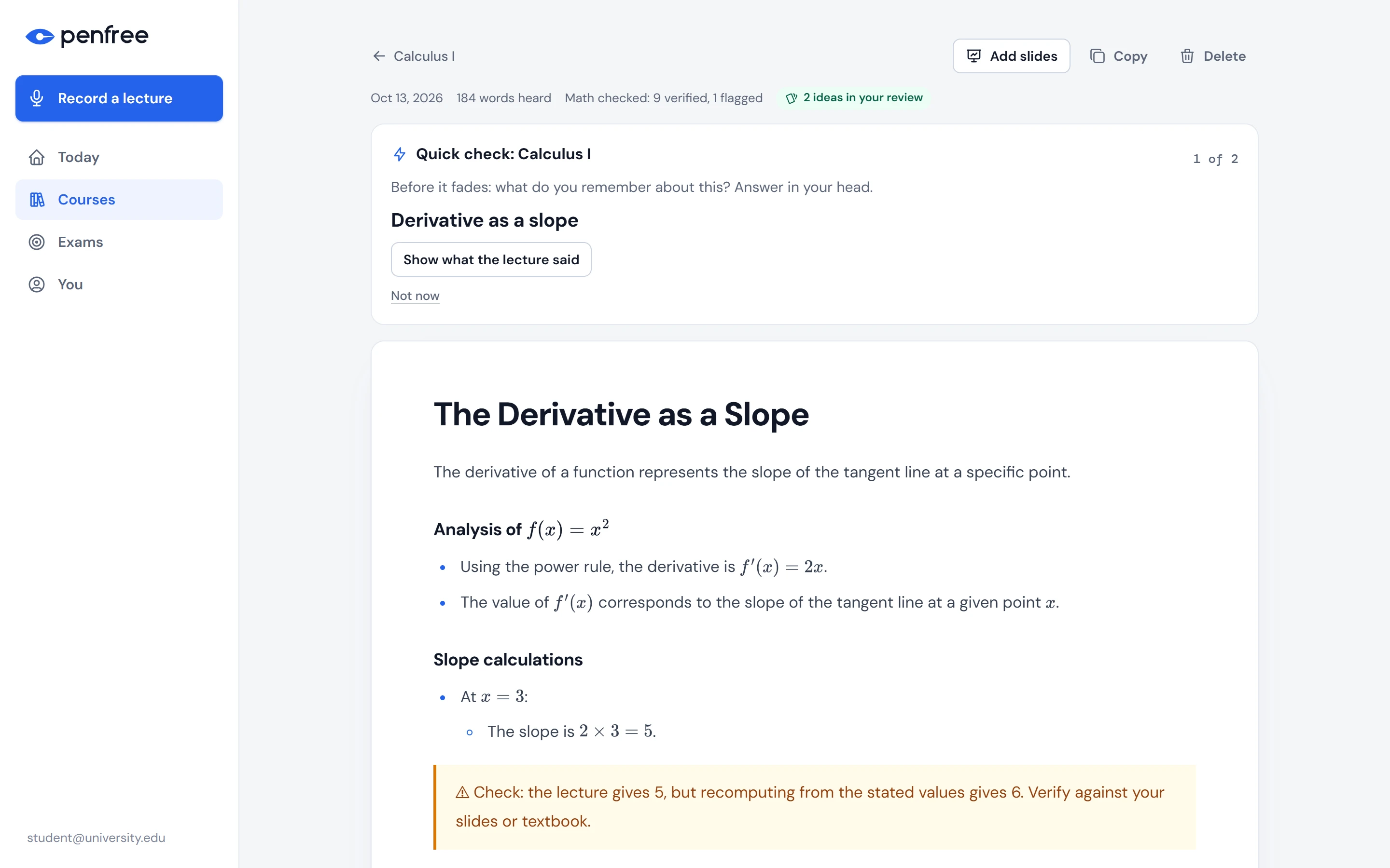 The Penfree app showing study notes for a Calculus I lecture: a quick check on the lecture's key ideas, and a math check flagging that the lecture said 5 where the correct value is 6.